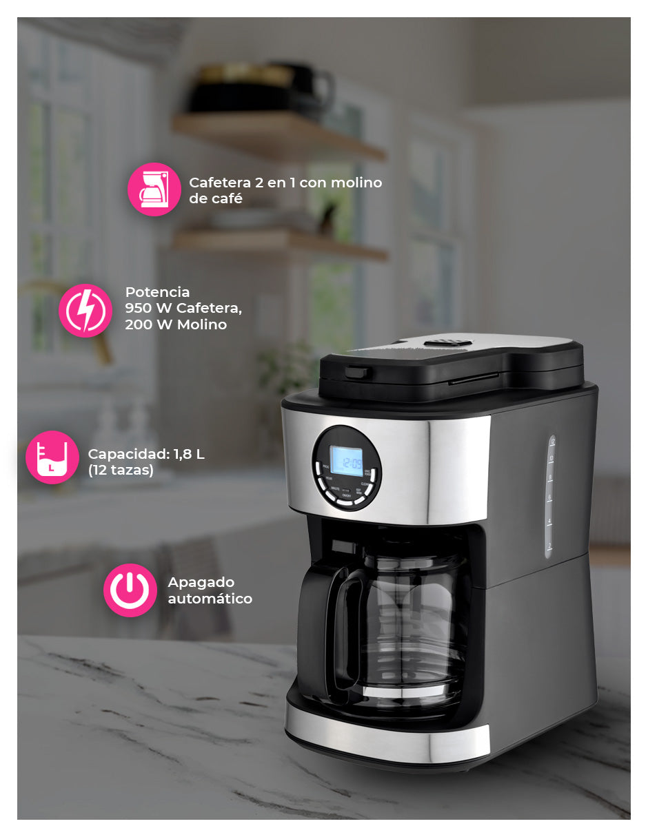 Cafetera Digital 12 Tz Con Molino De Café Integrado Pink Garlic CDMC12T