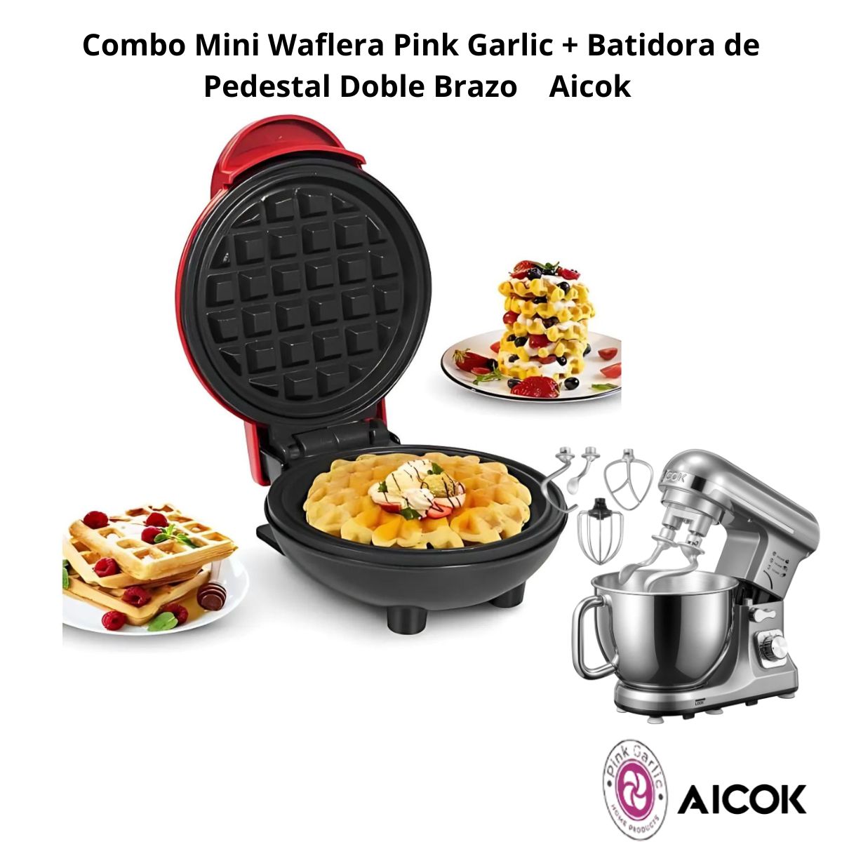 Mini Waflera Pink Garlic+Batidora De Pedestal Doble Brazo Plata Aicok Mk-37