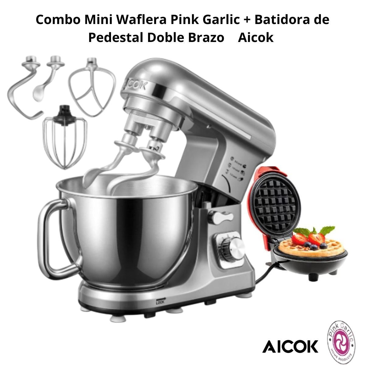 Mini Waflera Pink Garlic+Batidora De Pedestal Doble Brazo Plata Aicok Mk-37