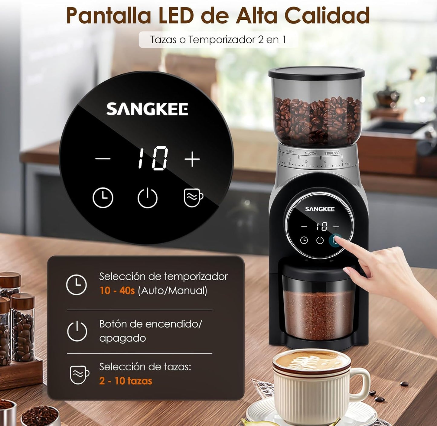 Molino de Café Eléctrico Sangkee  30 Ajustes de Acero Inoxidable para Espresso K10166