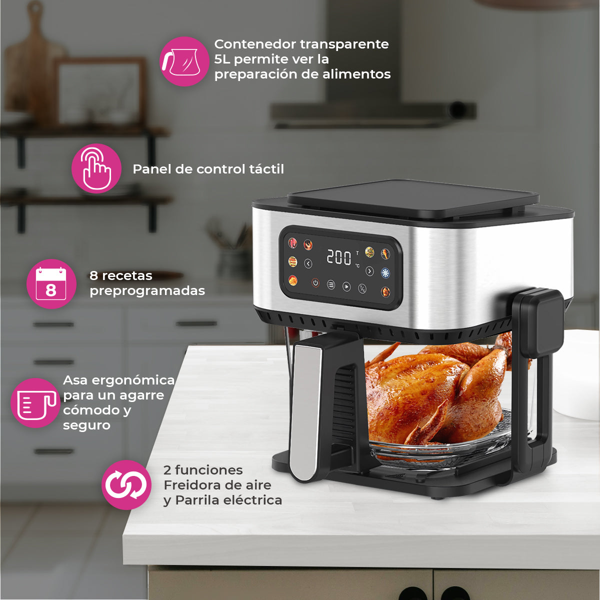Freidora De Aire 2 En 1 Con Parrilla Eléctrica Pink Garlic AFPE25