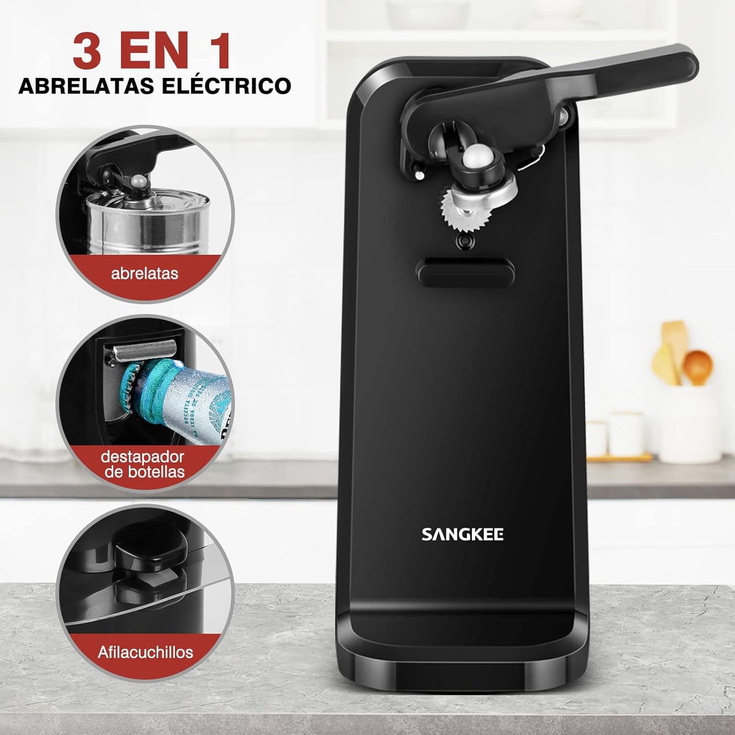 Abrelatas eléctrico 3 en 1 Automático Sangkee con afilador de cuchillos  función de destapador K10149