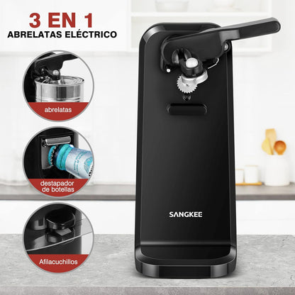 Abrelatas eléctrico 3 en 1 Automático Sangkee con afilador de cuchillos  función de destapador K10149