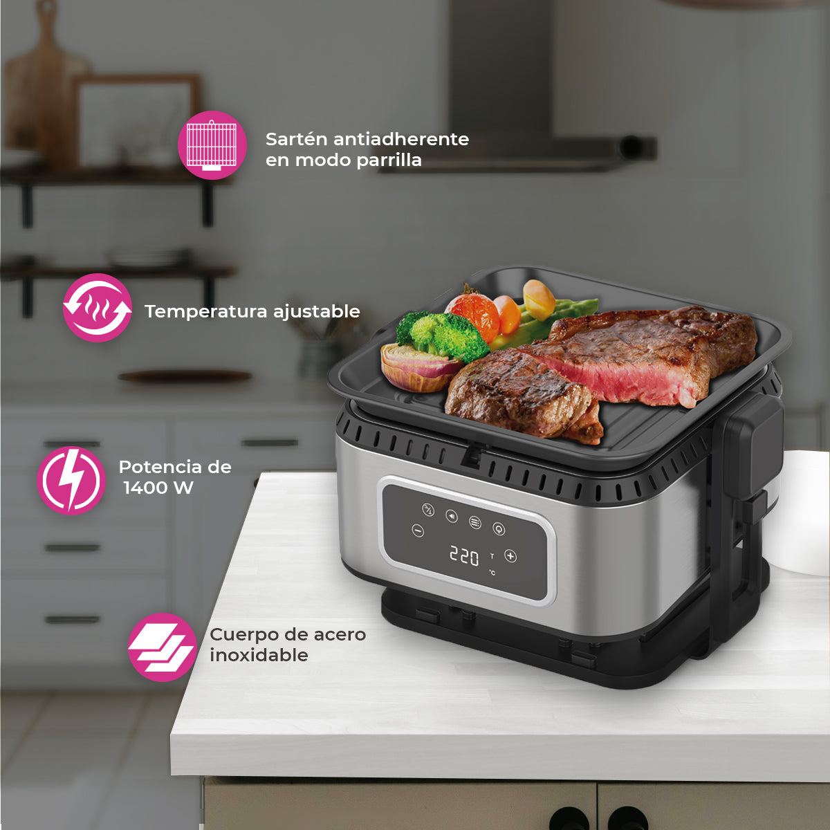 Freidora De Aire 2 En 1 Con Parrilla Eléctrica Pink Garlic AFPE25