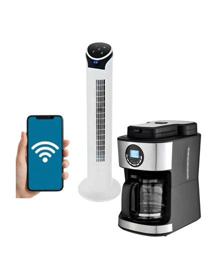 Kit Ventilador de Torre wifi 33" con Cafetera Digital con Molino de Café