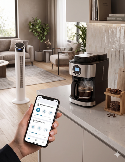 Kit Ventilador de Torre wifi 33" con Cafetera Digital con Molino de Café