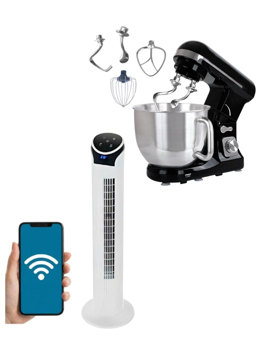 Kit Ventilador de Torre wifi 33" con Batidora Planetaria Doble Gancho