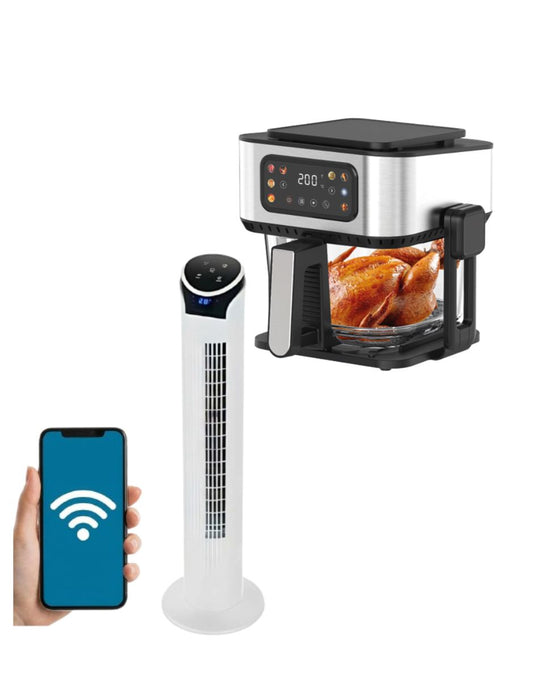 Kit Ventilador de Torre wifi 33" con Freidora 2 en 1 con Pariila Electrica