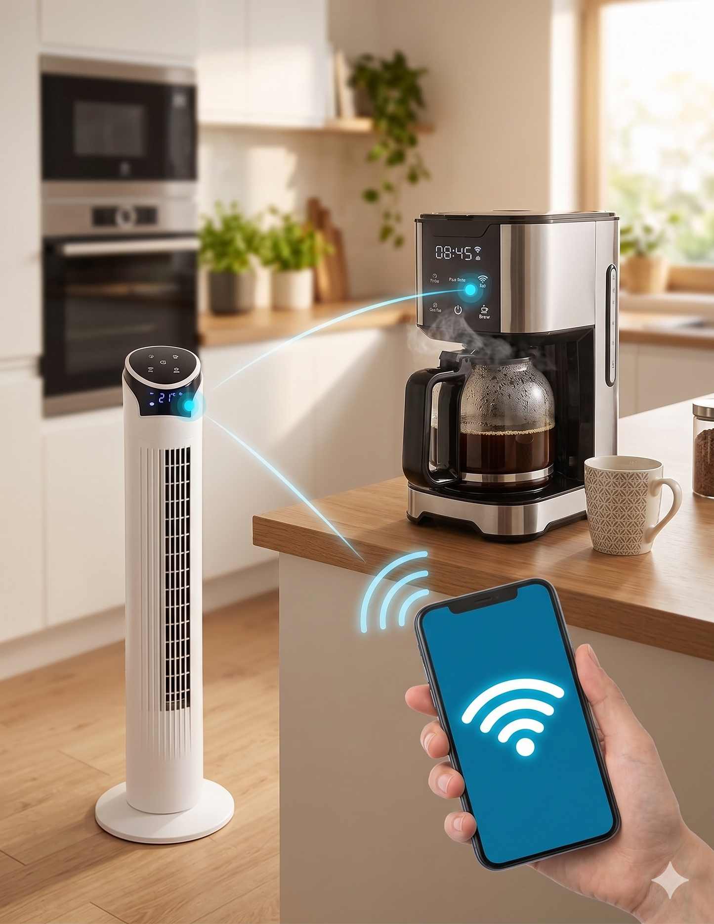 Kit Ventilador de Torre wifi 33" con Cafetera Digital Wifi