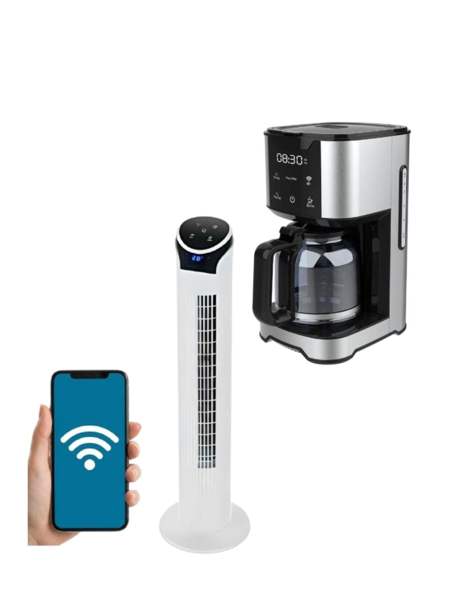 Kit Ventilador de Torre wifi 33" con Cafetera Digital Wifi