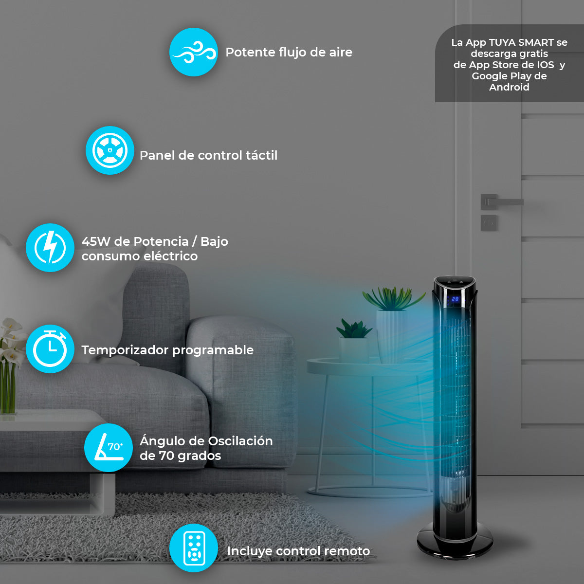 Ventilador WiFI de Torre Inteligente Smart Digital 33" Blue Fan