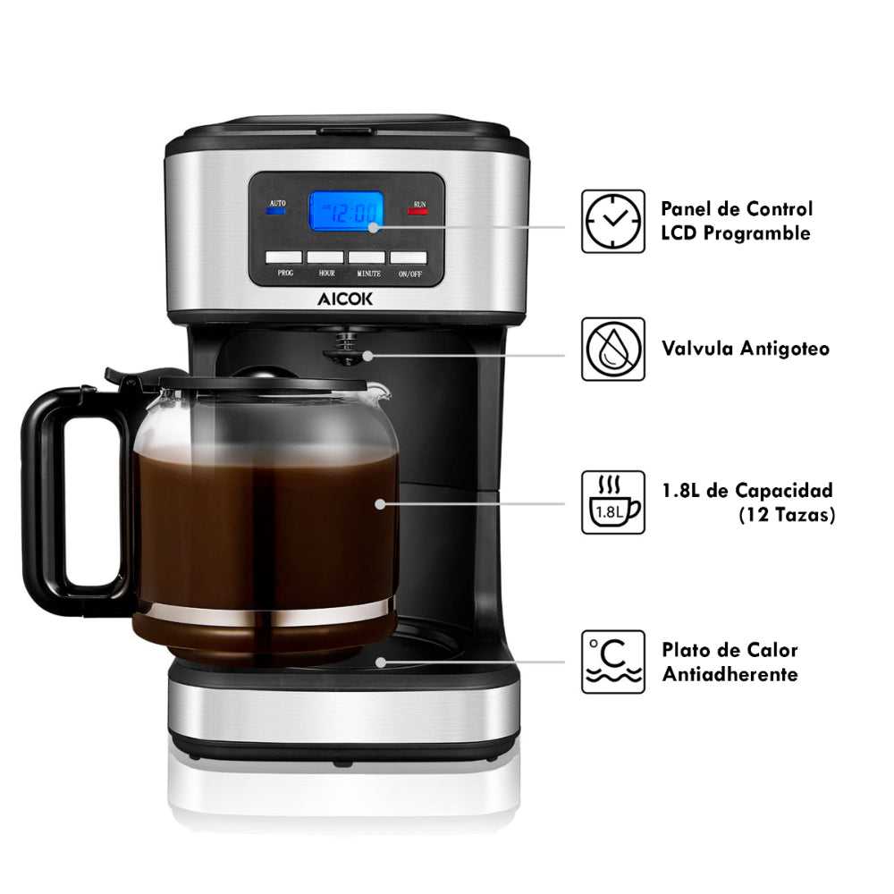 Cafetera Digital Programable 12 Tazas (1.5 Litros) Aicok