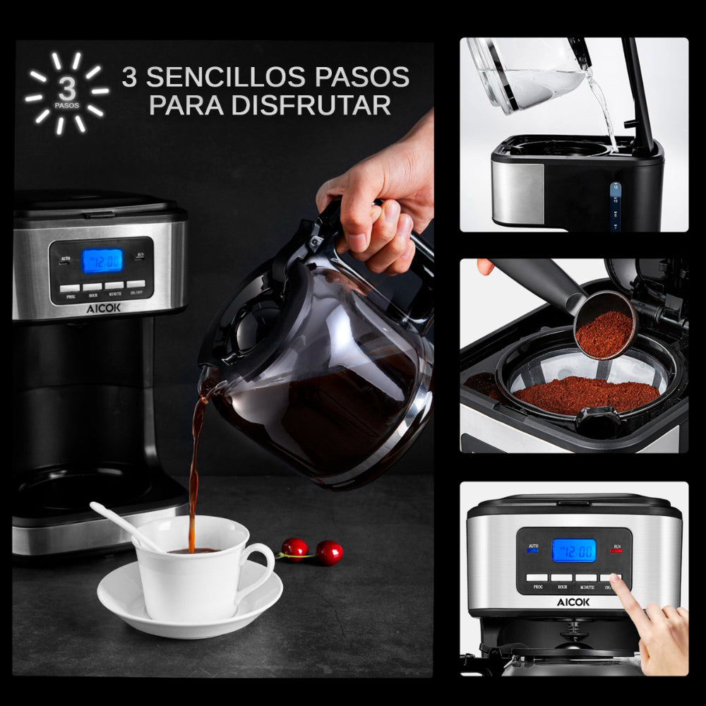 Cafetera Digital Programable 12 Tazas (1.5 Litros) Aicok