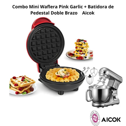 Mini Waflera Pink Garlic+Batidora De Pedestal Doble Brazo Plata Aicok Mk-37