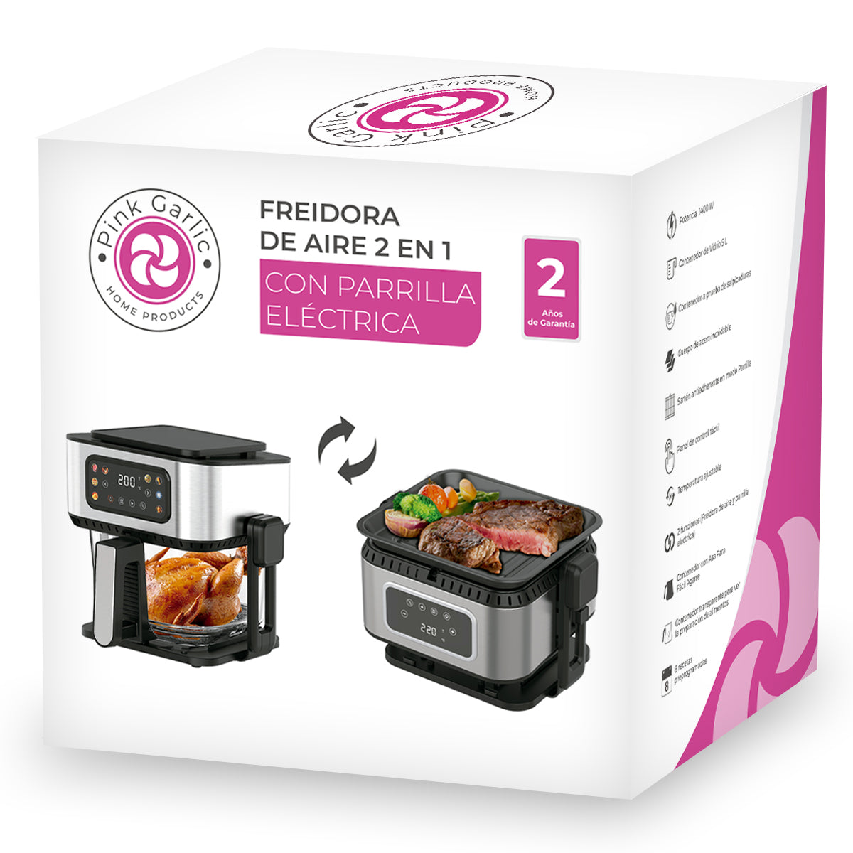 Freidora De Aire 2 En 1 Con Parrilla Eléctrica Pink Garlic AFPE25