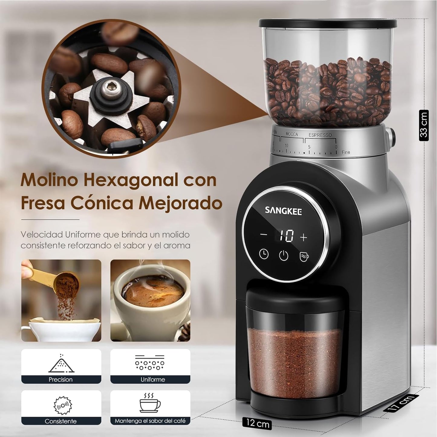 Molino de Café Eléctrico Sangkee  30 Ajustes de Acero Inoxidable para Espresso K10166
