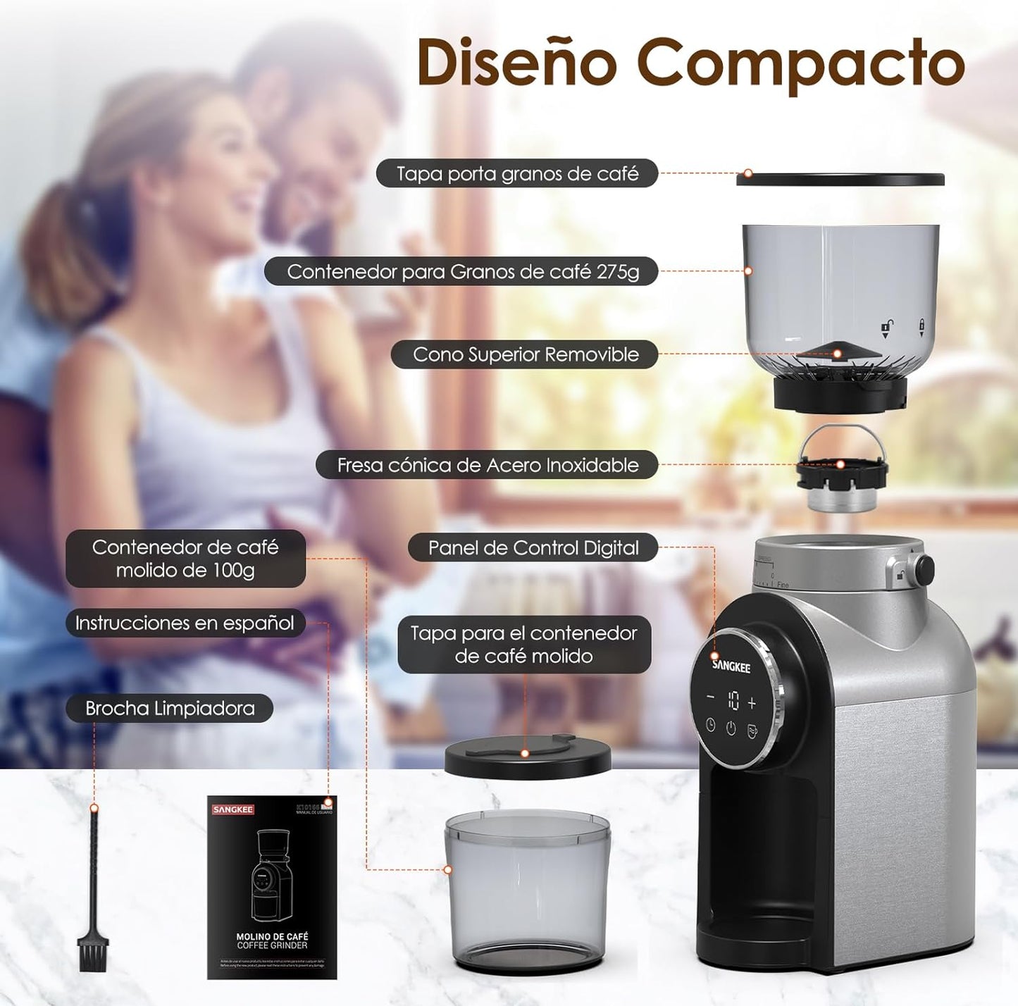 Molino de Café Eléctrico Sangkee  30 Ajustes de Acero Inoxidable para Espresso K10166
