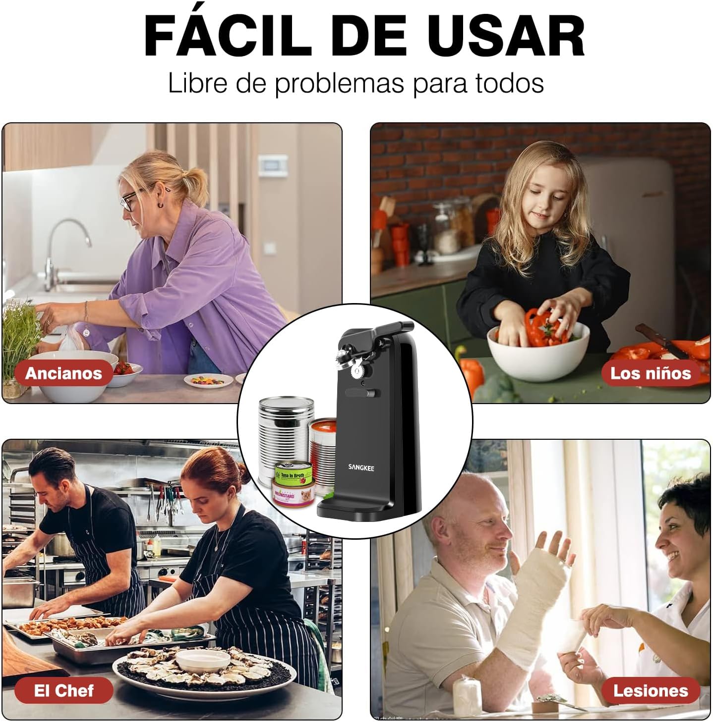 Abrelatas eléctrico 3 en 1 Automático Sangkee con afilador de cuchillos  función de destapador K10149